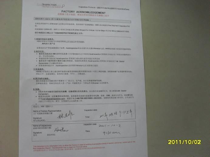 IX. FACTORY DISCLAIMER Original signature from Factory Manager accepting AsiaInspection conditions on Shipment authorization and bribery issues X.