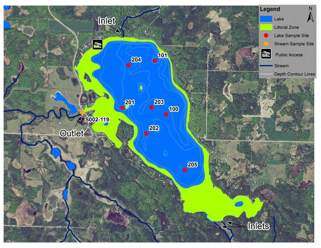 Lake Map Figure 1. Map of Clearwater Lake with 2010 aerial imagery and illustrations of lake depth contour lines, sample site locations, inlets and outlets, and public access points.