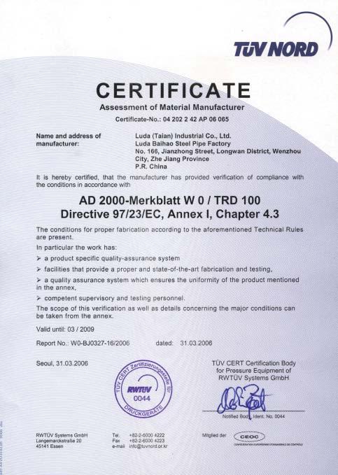 Certificate ISO PED
