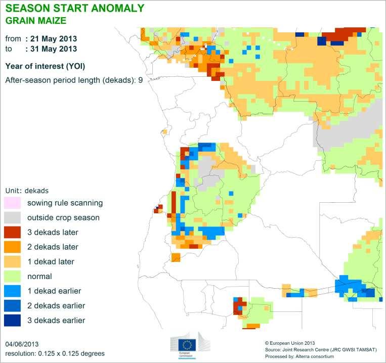 Figure 7. Water satisfaction index and season start anomaly for the main maize areas in Angola.