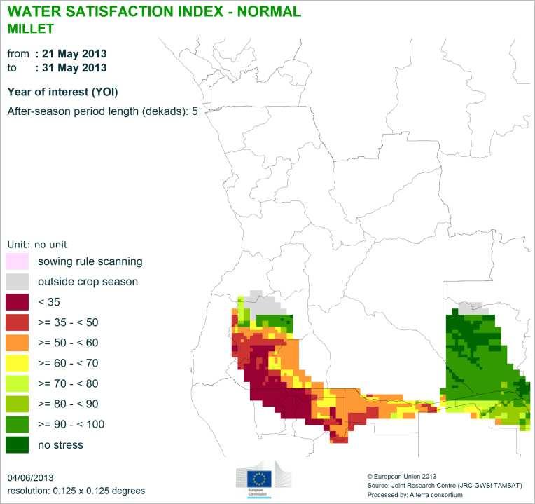 Figure 9. Water satisfaction index and season start anomaly for the main millet areas in Angola.