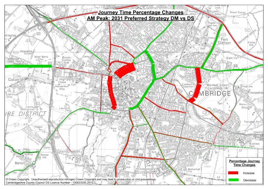 6.29. The diagram below shows the impact of further Core Scheme type interventions, potential road closures of Hills Road, East Road and Mill Road alongside comprehensive parking restrictions in
