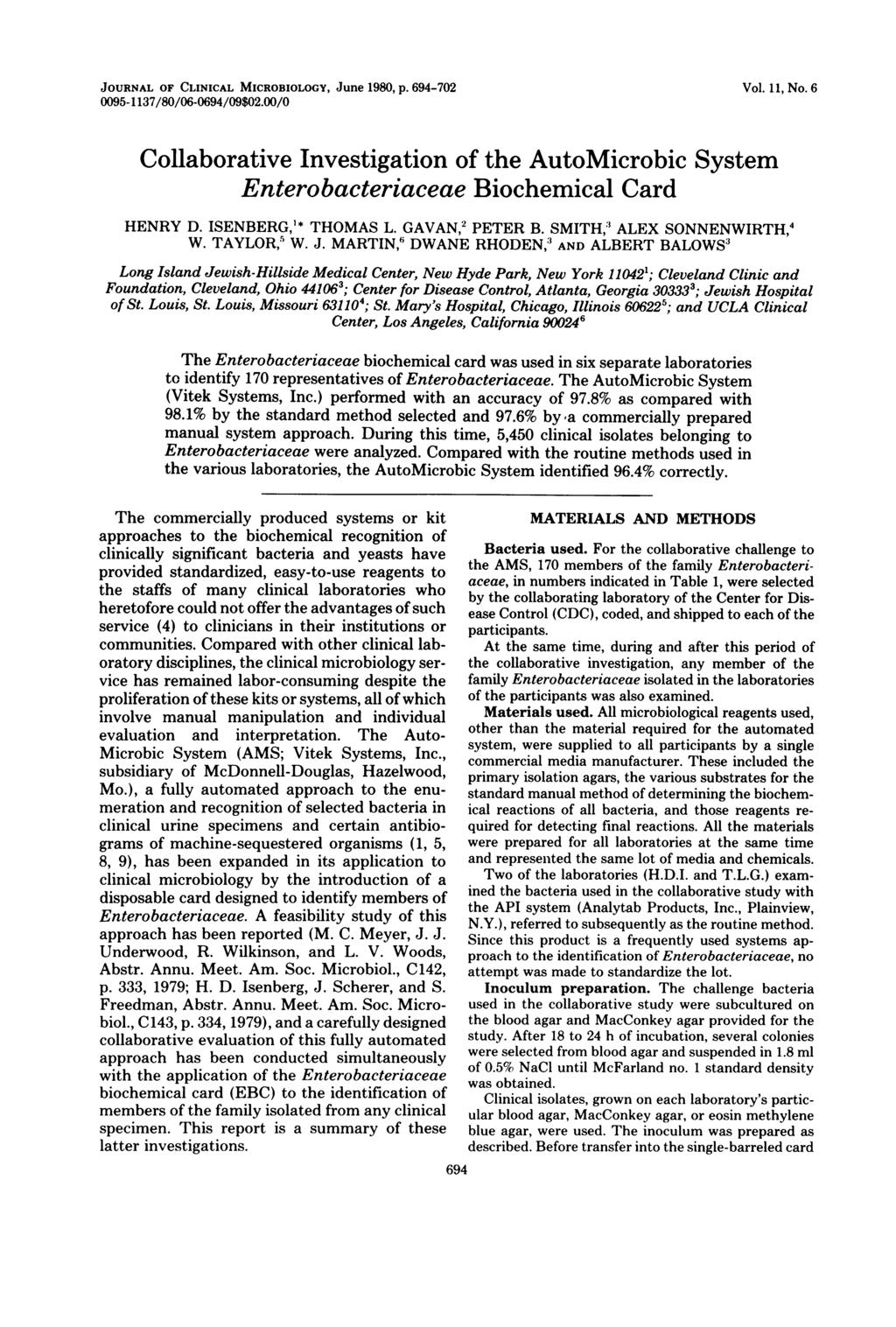 JOURNAL OF CLINICAL MICROBIOLOGY, June 1980, p. 694-70 0095-1 137/80/06-0694/09$0.00/0 Vol. 11, No.