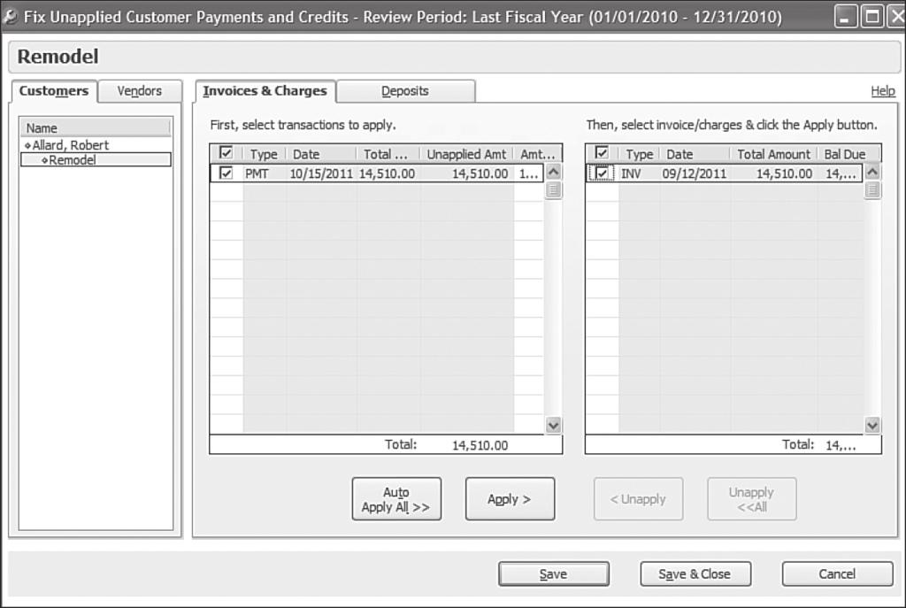 526 Chapter 17 New for 2009! Detecting and Correcting with the Client Data Review Feature FIGURE 17.16 Assign unapplied customer payments or credits to an open invoice. 6.