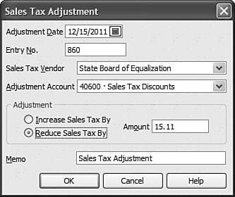 538 Chapter 17 New for 2009! Detecting and Correcting with the Client Data Review Feature FIGURE 17.27 Properly discounting sales tax payable. 4. Select the Adjustment Date. 5. Type in an Entry No. 6.