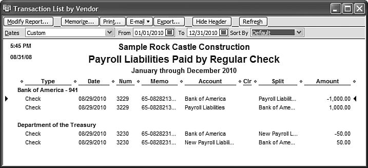 544 Chapter 17 New for 2009! Detecting and Correcting with the Client Data Review Feature FIGURE 17.31 This report will find incorrectly paid payroll liability payment transaction types.