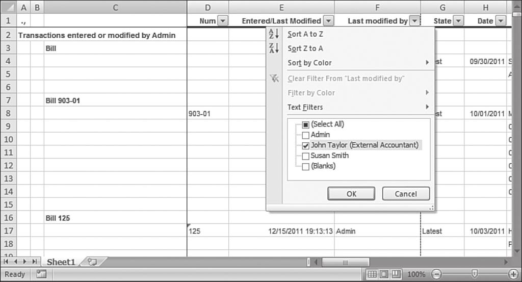 566 Chapter 17 New for 2009! Detecting and Correcting with the Client Data Review Feature FIGURE 17.48 Using auto-filtering to limit the data that is displayed in the Audit Trail report.