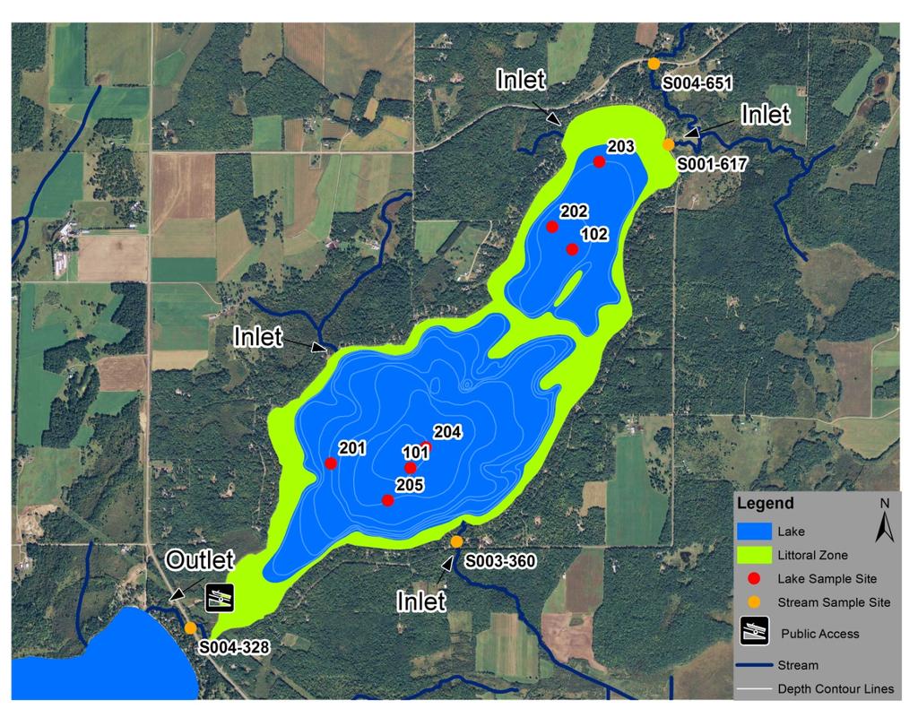 Lake Map Figure 1. Map of Upper South Long Lake illustrating bathymetry, lake sample site locations, stream inlets and outlets and aerial land use.