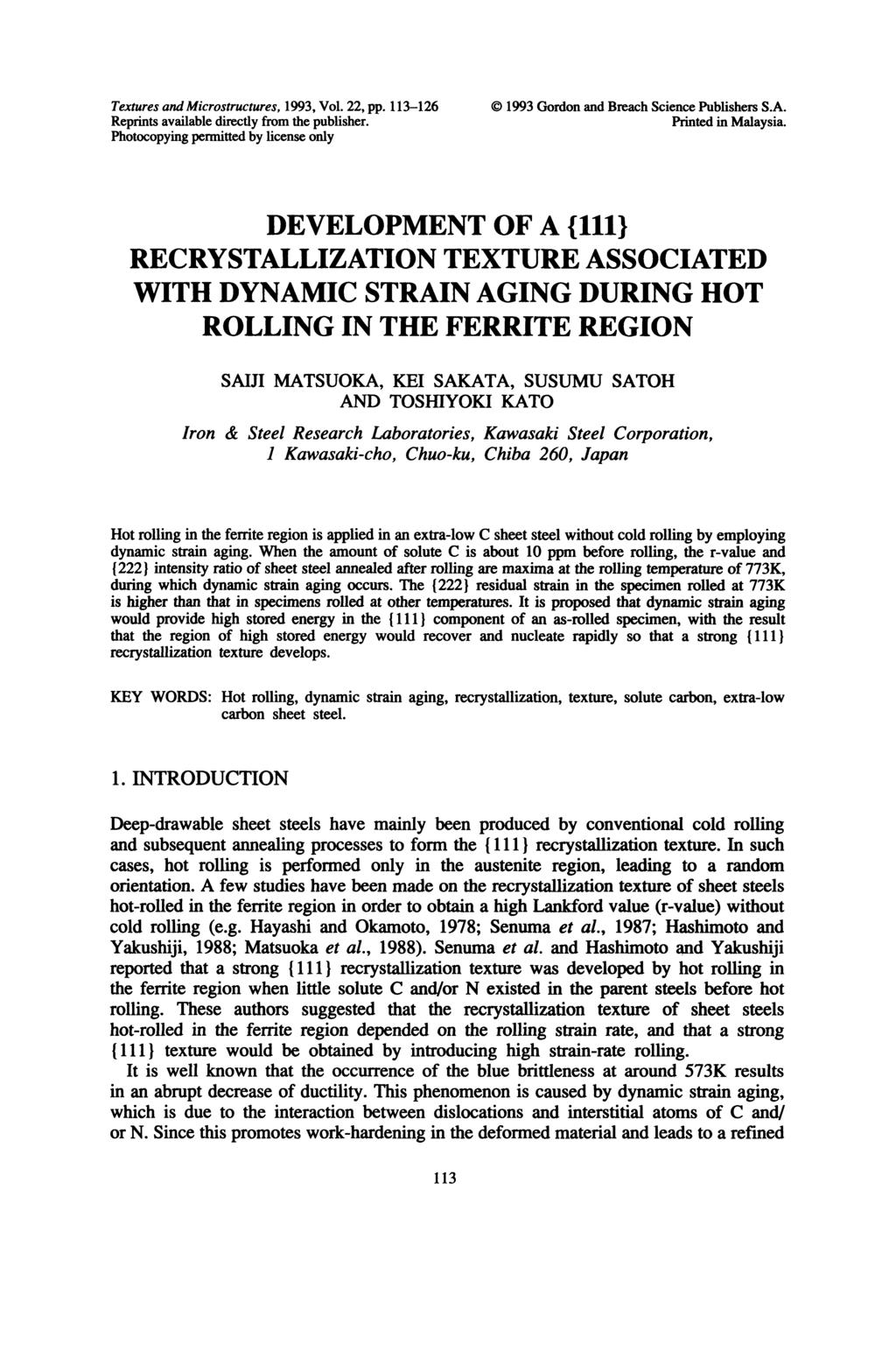 Textures and Microstructures, 1993, Vol. 22, pp. 113-126 Reprints available directly from the publisher. Photocopying Irmitted by license only (C) 1993 Gordon and Breach Science Publishers S.A.