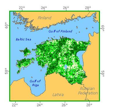 Figure 1. Forest cover of Estonia (FAO: http://www.fao.org/forestry/country/en/est/). The distribution of growing stock by tree species in Estonia is shown in Figure 2.