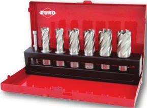 E RS5e / RS10 / RS25e / RS40e RS125e / RS126e / RS140e Set of core drills and E- with weldon shank (3/4"), BN ground, cutting depth in plastic case Description E 10-piece set of core drills with