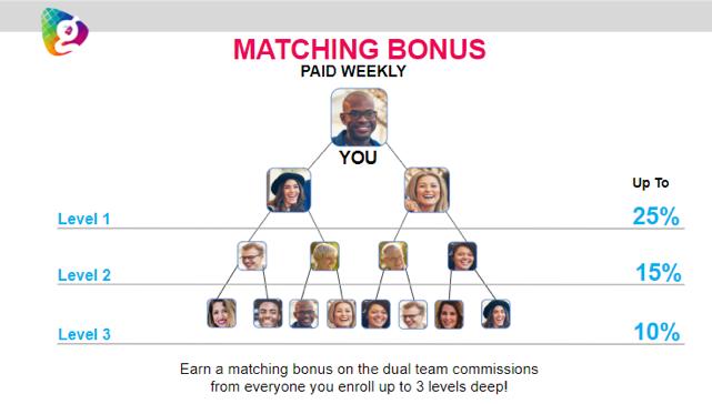 6. DUAL TEAM MATCHING BONUS As you advance in rank, you have the ability to earn a matching bonus on Dual Team Commissions earned by anyone you personally enrolled into