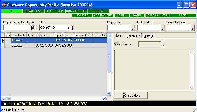 Opportunity Manager Adding an Opportunity from the Customer Opportunity Profile The CUSTOMER OPPORTUNITY PROFILE screen permits you to keep track of customer needs.