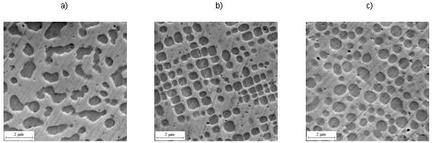 Figure 3. Secondary electron SEM micrographs of the investigated alloys, annealed for 12 h at 1500 C and 120 h at 1000 C in Ar. The dark areas are precipitates, the brighter areas the matrix phase.