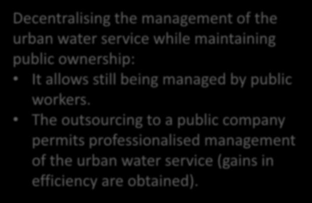 MANAGEMENT FORMS OF THE OF WATER THE WATER SERVICE IN SPAIN Decentralising the management of the urban water service while maintaining public In-house ownership: (the city Externalised (the service