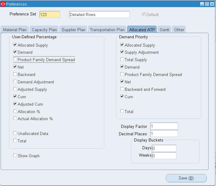 Preferences window, Allocated ATP tab 7.