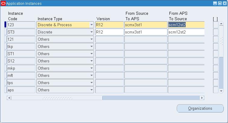 Context: Set up for each source instance. Perform the setup on the destination instance. Required: Yes Under the Oracle Advanced Supply Chain Planner responsibility, set up the Instances window.