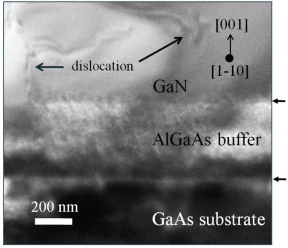Figure 3 shows cross-sectional TEM image taken along the [1-10] zone-axis, which focused at the interface of cubic GaN and AlGaAs buffer layer/gaas (001) substrate.