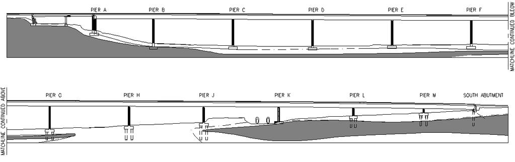 Figure 3. Elevation of viaduct showing extent and variation of basalt flows beneath. Each box girder is supported on rectangular shaped reinforced column.
