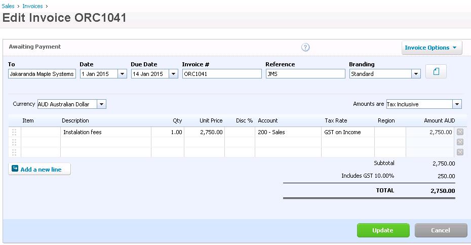 To create an invoice, select New Sales Invoice from the Dashboard.