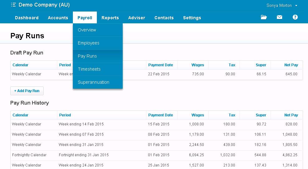5.4 Processing Payroll To process payroll, go to the Payroll tab and select Pay Runs.