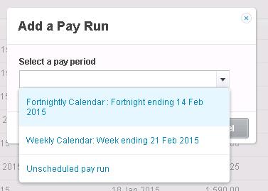 When you select Add Pay Run Xero will ask you which pay period you would like to process, ie. weekly, fortnightly, monthly, etc. These are called pay calendars.