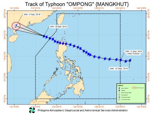 1 N, 116.5 E ), moving West Northwest at 25 kph with maximum sustained winds of 145 kph near the center and gustiness of up to 180 kph.