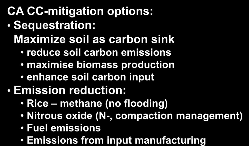 CA for CC mitigation CA CC-mitigation options: Sequestration: Maximize soil as carbon sink reduce soil carbon emissions maximise biomass production enhance