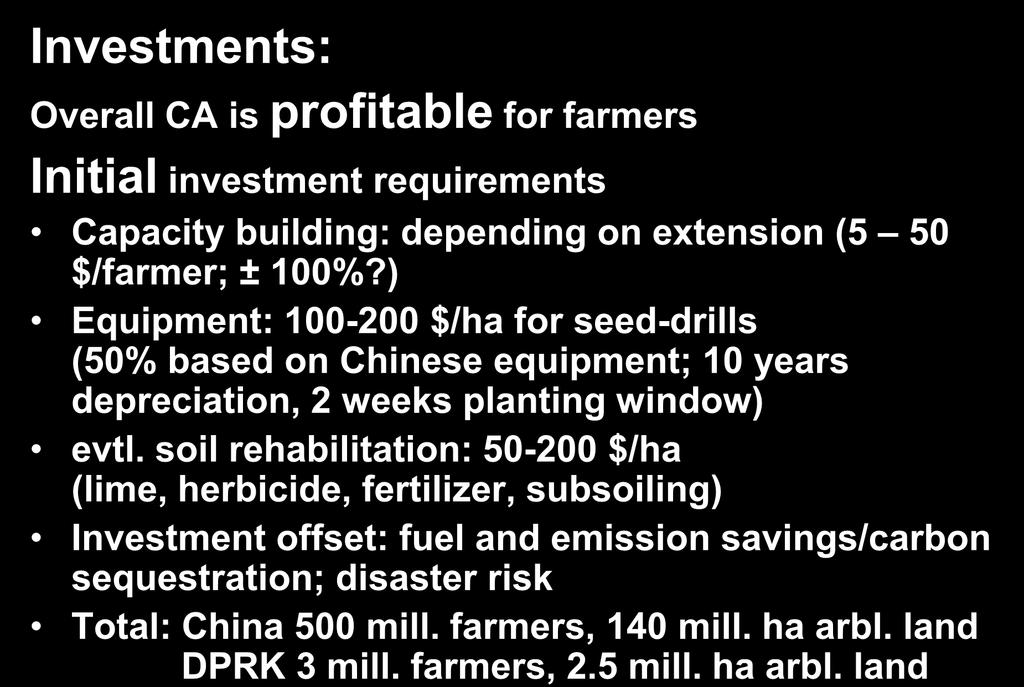 Policy and Investment Investments: Overall CA is profitable for farmers Initial investment requirements Capacity building: depending on extension (5 50 $/farmer; 100%?