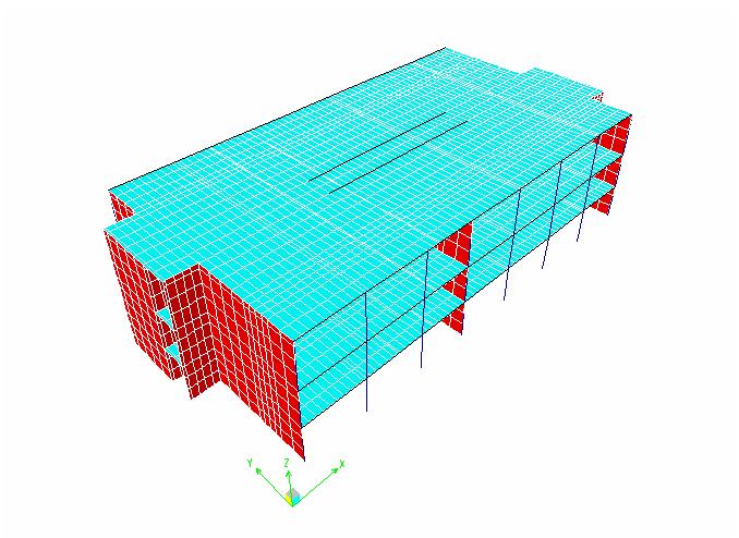 recognized that other computer programs could have been used. An isometric view of the 3-D linear elastic analytical model of the three-story building is shown in Figure 4.