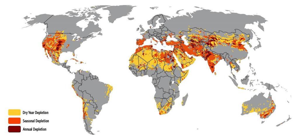 Water shortages are occurring in 1/3 of the planet s watersheds and aquifers 1/2 of the world s population is affected 3/4 of the world s irrigated acreage is affected Freshwater