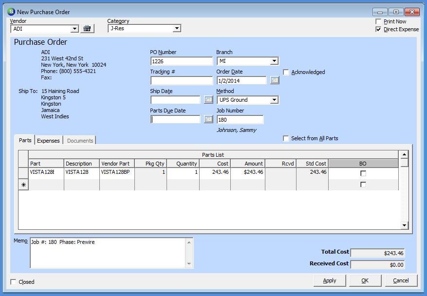 The Purchase Order will fill in with the Parts for the Primary Vendor and Phase selected.