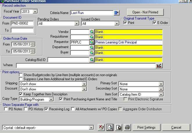 A report selection Dialog Box will be displayed where you identify the criteria for printing the report. Enter the requisition number in the Document ID field.