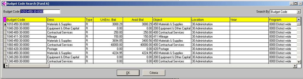 magnifying glass for the Fund and Budget Code fields. The search screen for the Budget Code Search appears below.