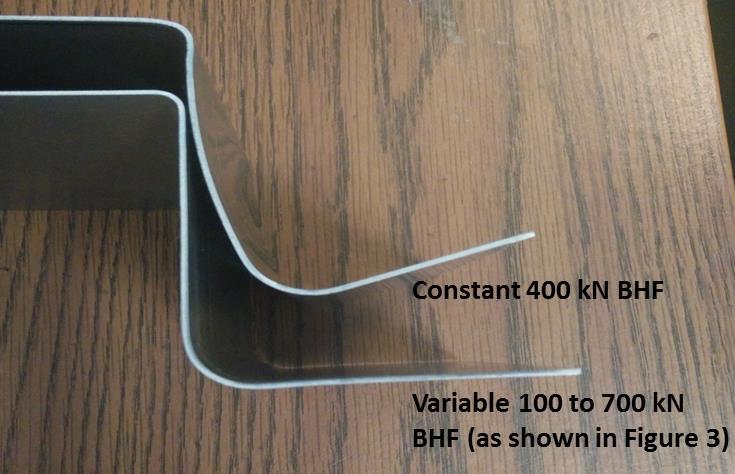 Figure 5: Experimental profiles after hat-bending operation with constant BHF (400 kn) and variable BHF (100 to 700 kn, as shown in Figure 3) Factors affecting springback Studies conducted by the