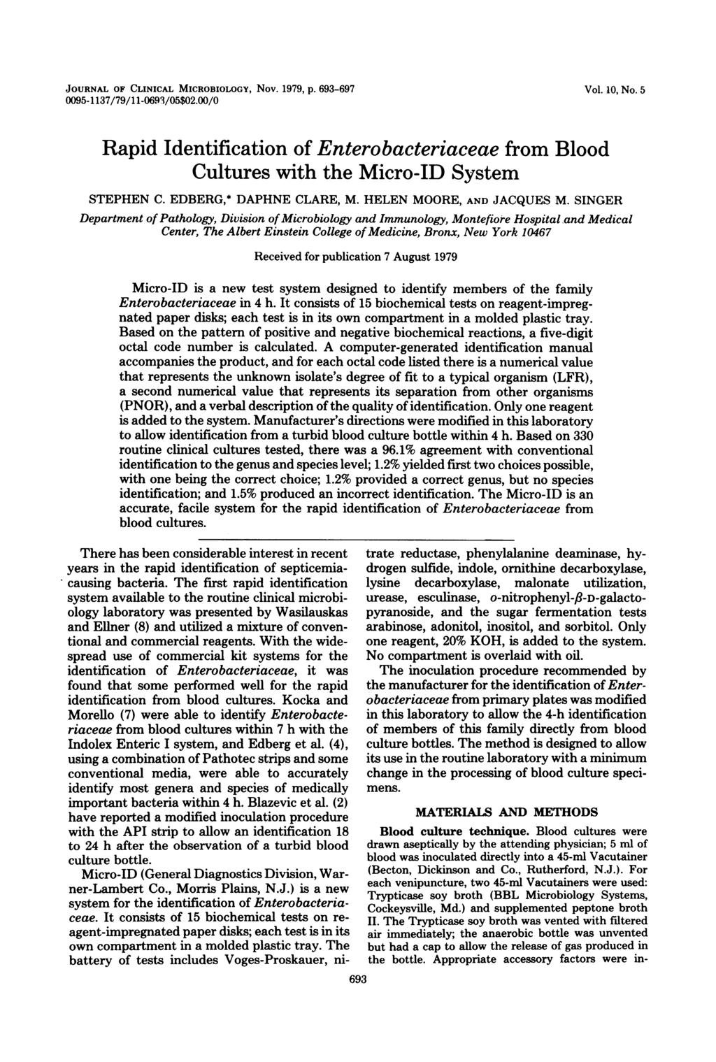 JOURNAL OF CLINICAL MICROBIOLOGY, Nov. 1979, p. 693-697 0095-1137/79/11-0693/05$02.00/0 Vol. 10, No.