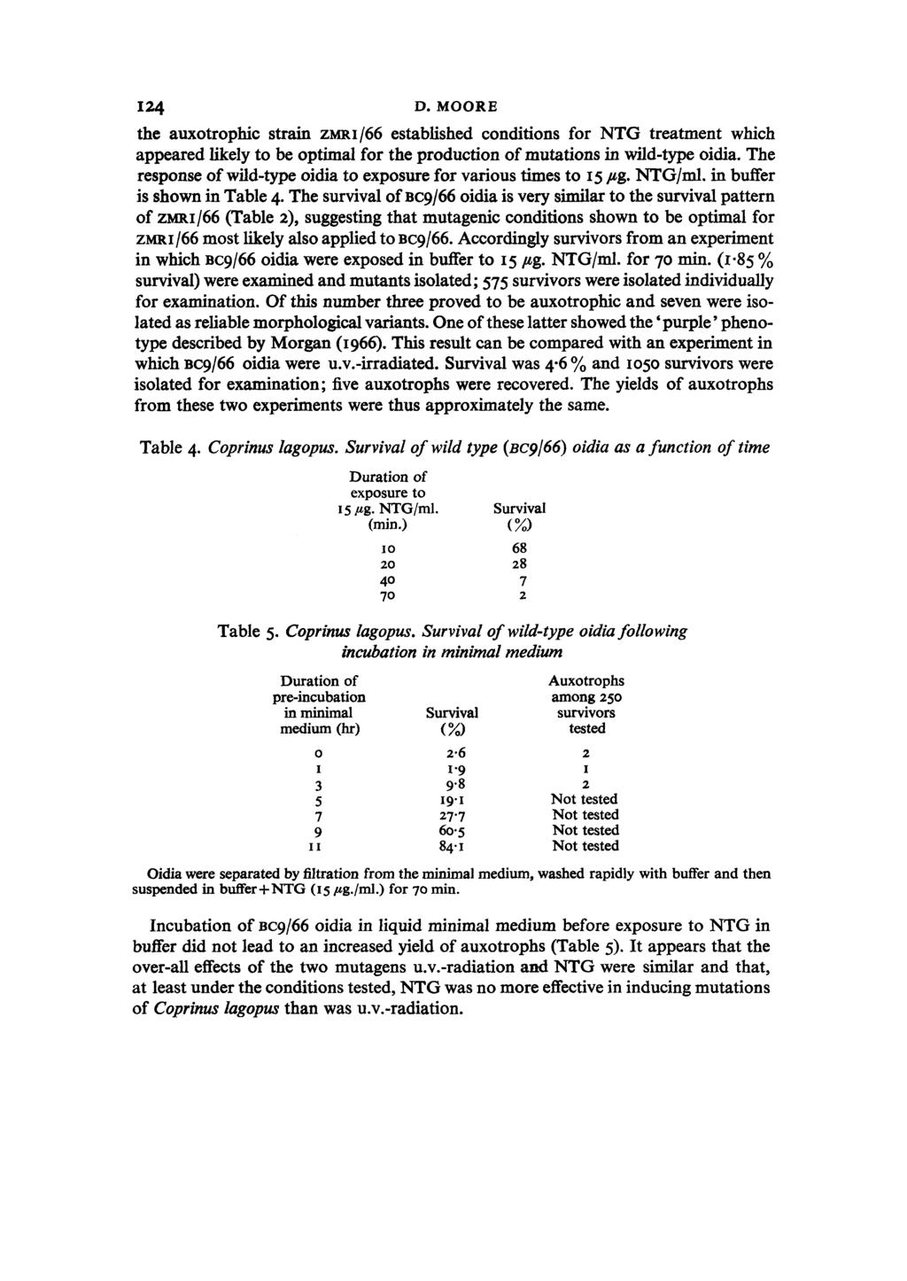 124 D. MOORE the auxotrophic strain zm1/66 established conditions for NTG treatment which appeared likely to be optimal for the production of mutations in wild-type oidia.
