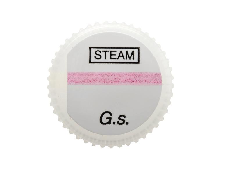 The bottom label is imprinted with a process indicator for steam as defined by ANSI/AAMI/ISO 11140-1. 171028 The defined media is held within the cap using a laminated foil.