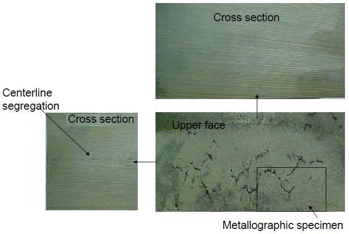 Figure 2. Macro-etching Figure 3 Metallographic analysis of un-etched specimens. 2%Nital Etching The chemical analysis of sample upper face reveals a carbon content of 0.
