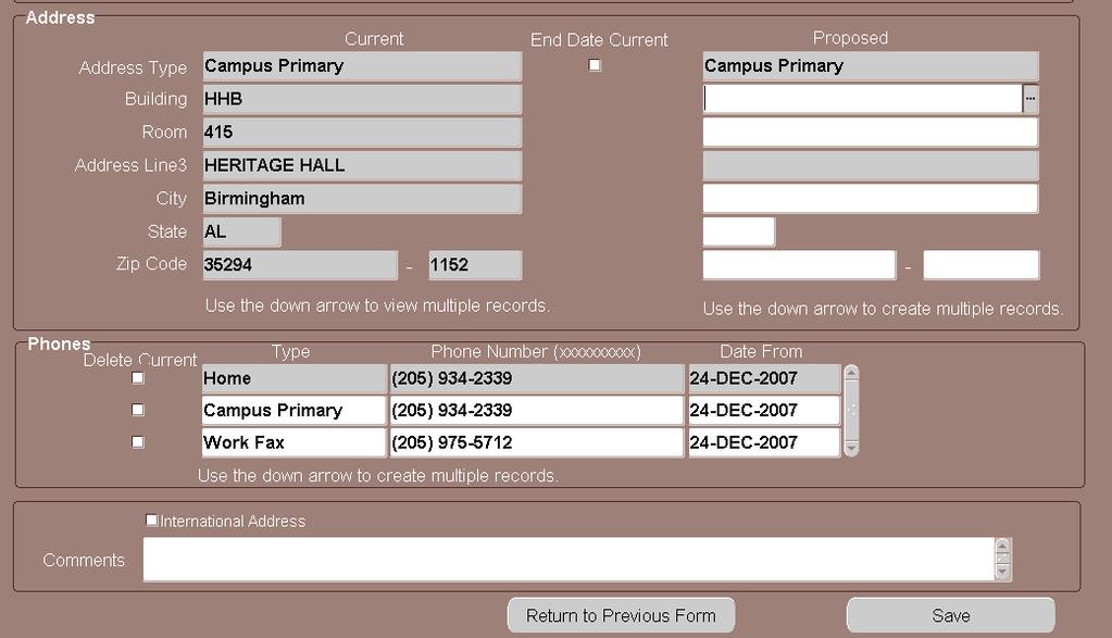 5. If the employee s campus addresses and/or campus phone information is changing, click on the ADDRESS button.