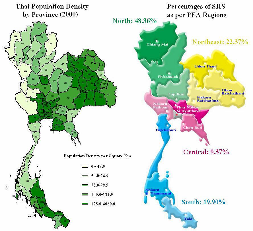 Figure 29: Population Density and SHS Distribution Maps (NSO, 2000; PEA, 2004) Containing nearly half of all SHS installed, Northern Thailand has by far the most systems and more than twice as many