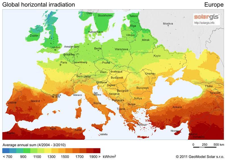 2.2 Simulations Figure 1 illustrates the solar irradiation map of Europe (GeoModel Solar 211).
