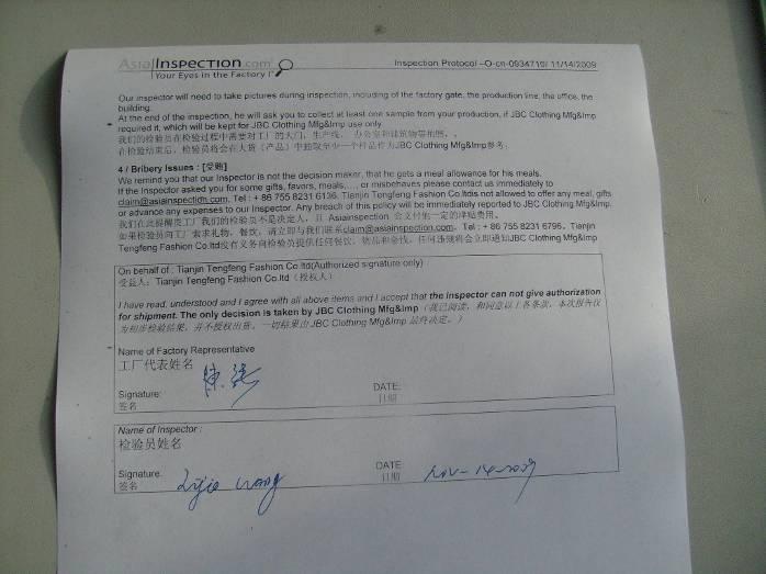Factory Disclaimer Original signature from Factory Manager accepting AsiaInspection
