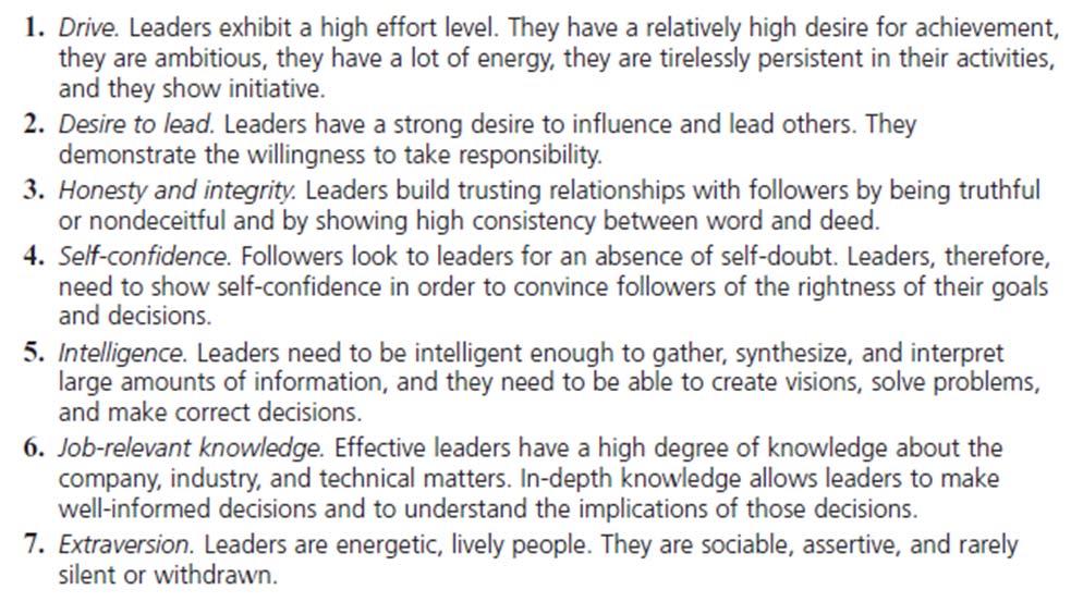Exhibit 17 1: Seven Traits Associated with Leadership 17-5 Early Leadership Theories (cont.