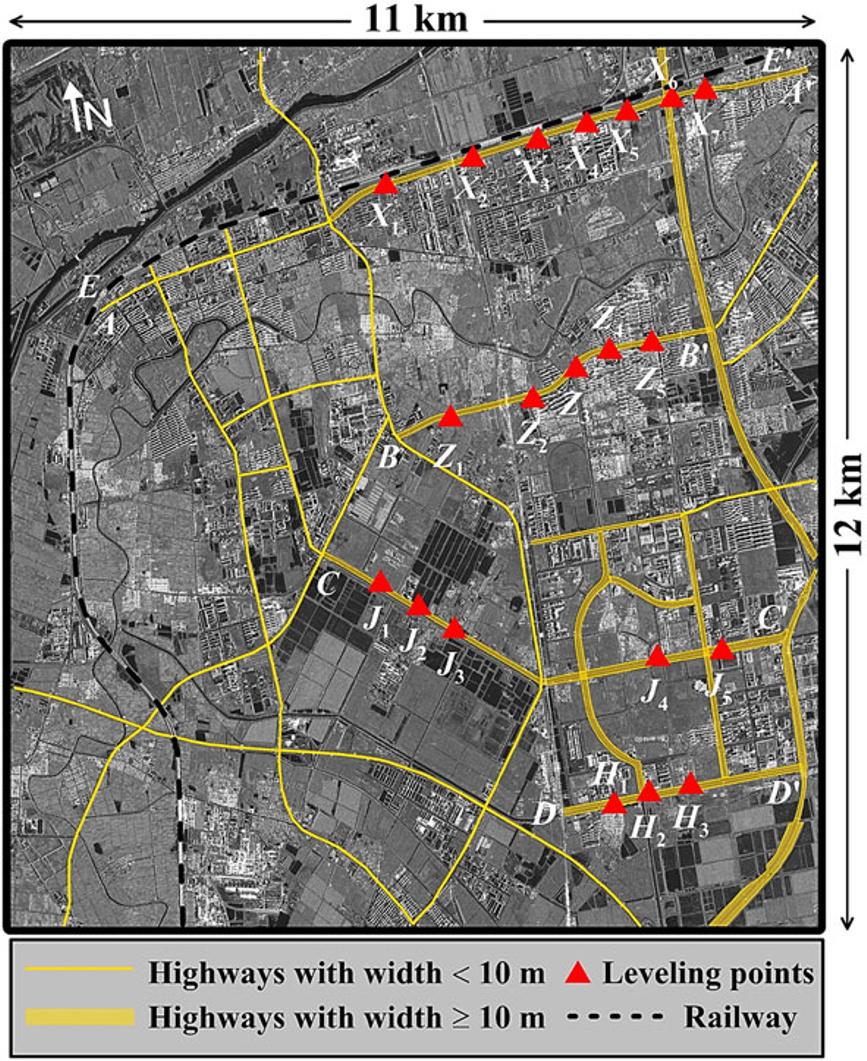 Monitoring subsidence rates along road network 239 Fig. 2 Averaged amplitude image of the study area with annotation of highways, railway line, and the leveling points (LPs).
