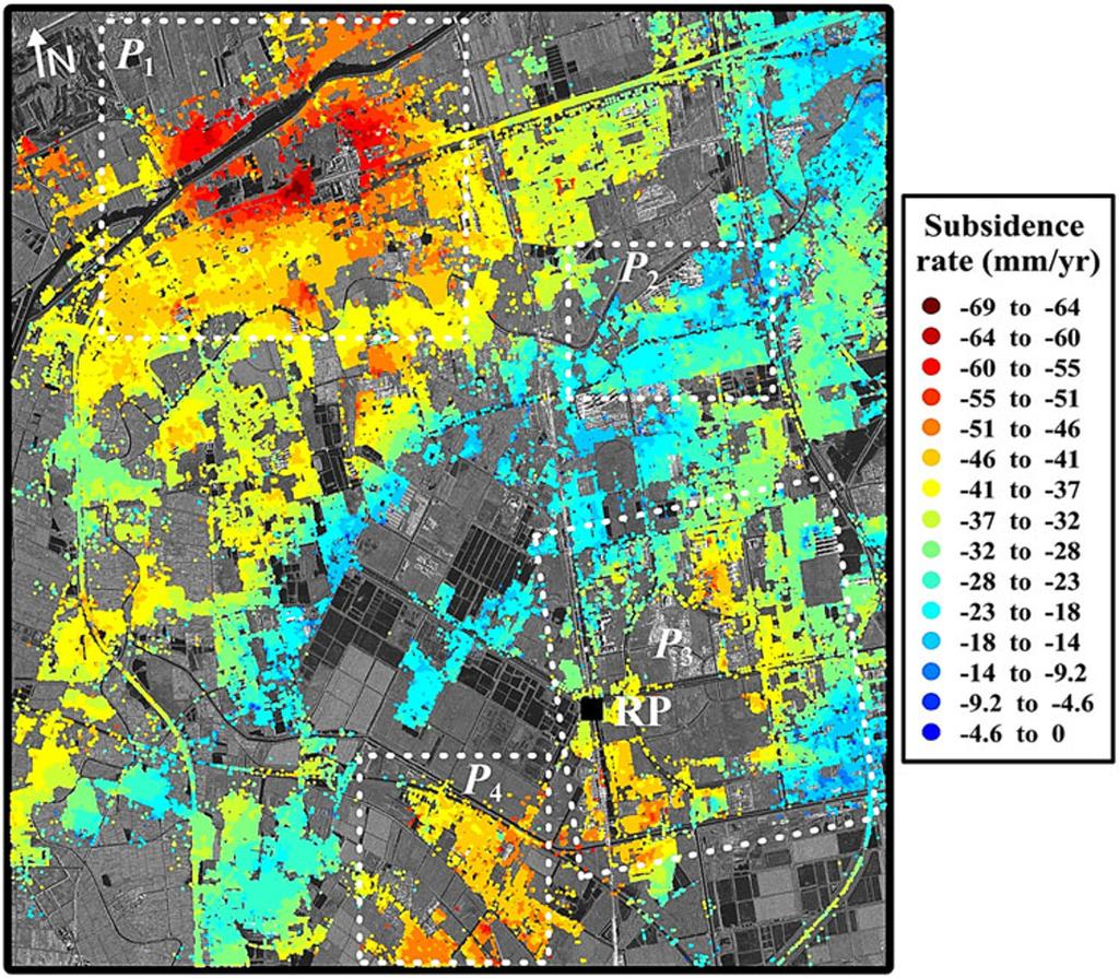 Monitoring subsidence rates along road network per square kilometer. The color map shows the uneven subsiding pattern, with subsidence rate magnitude ranging from -69 to 0 mm/year.