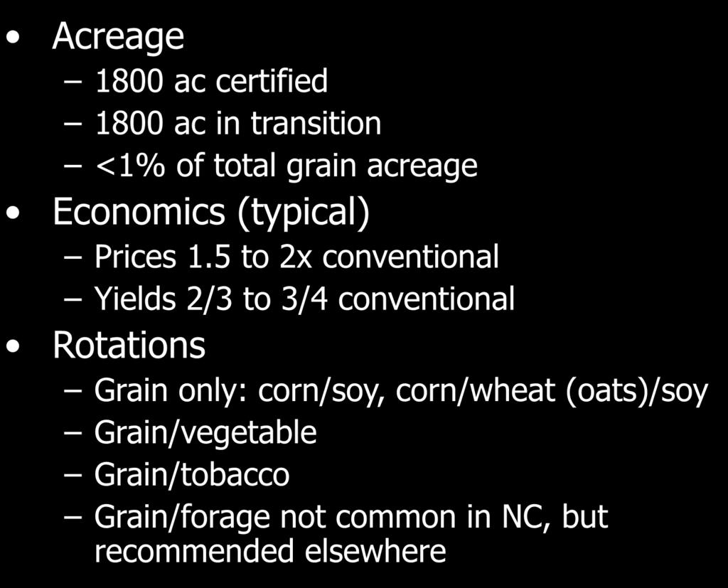 NC Organic Grain Production Acreage 1800 ac certified 1800 ac in transition <1% of total grain acreage Economics (typical) Prices 1.