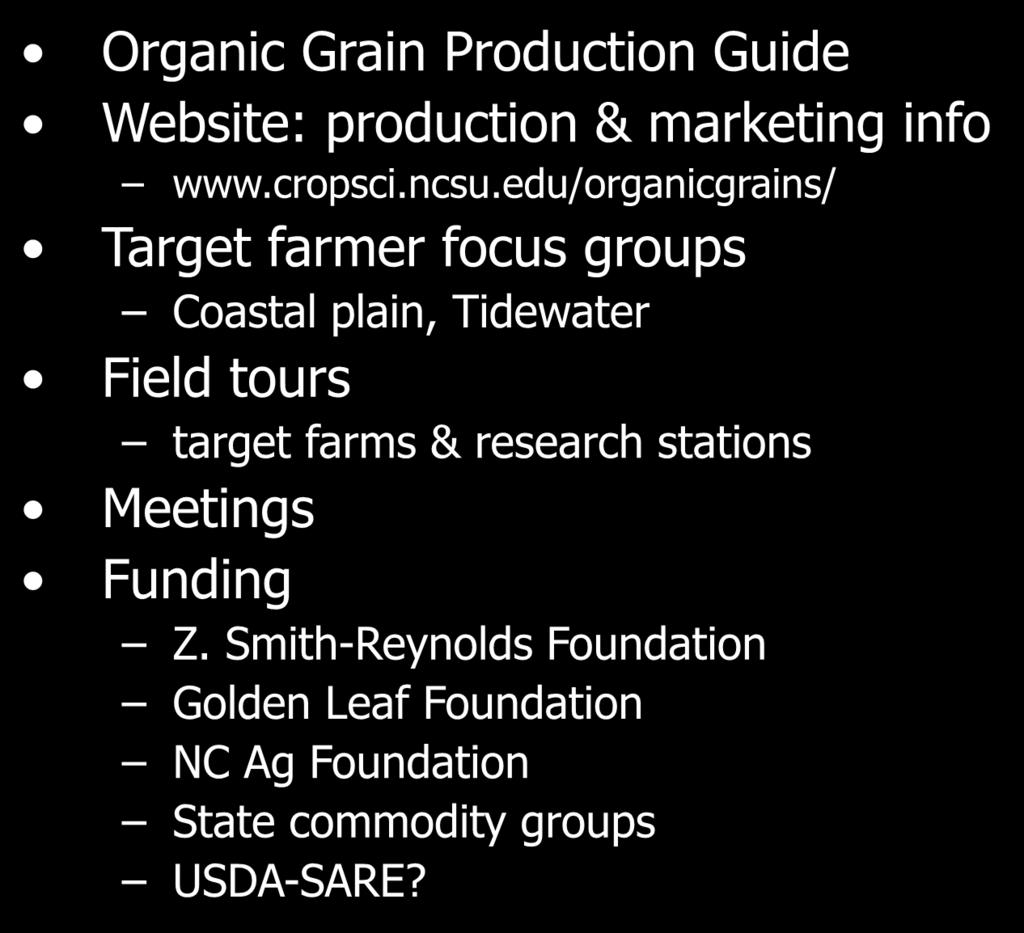 NC Organic Grains Extension Programs Organic Grain