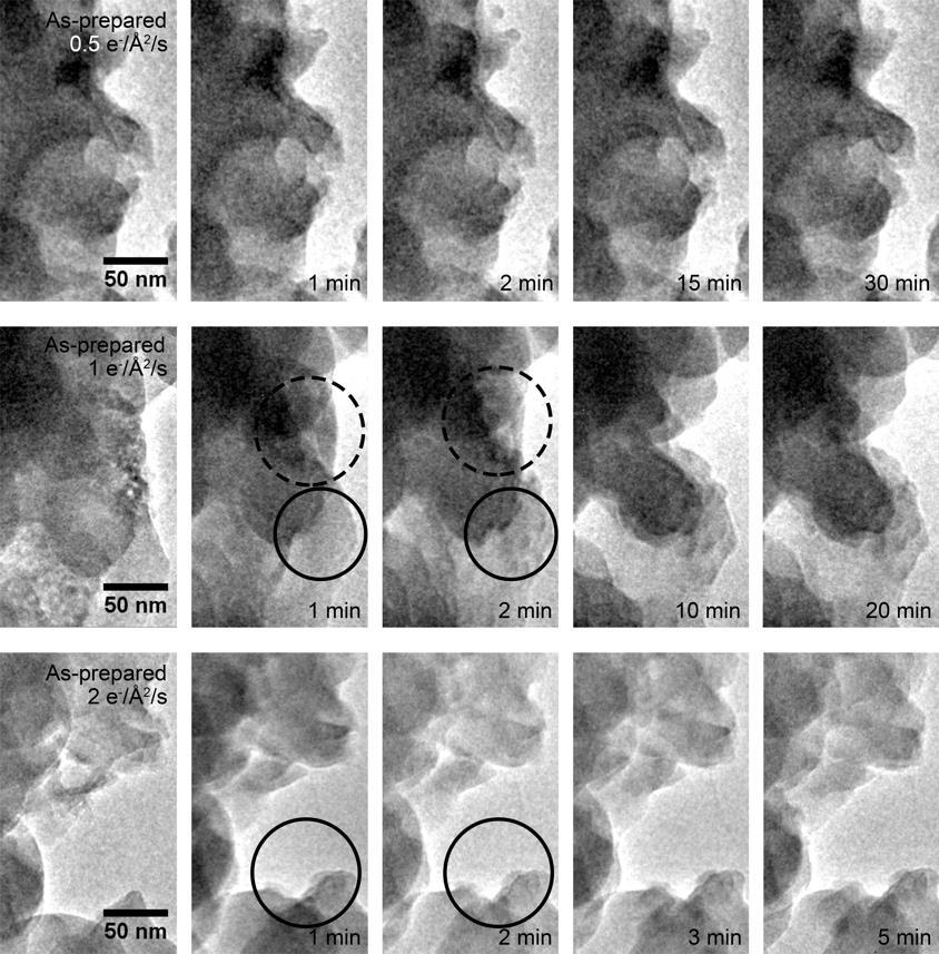Figure S1. Time-resolved TEM images of the Cs-rich sample during gas exposure as a function of the electron dose-rate (indicated in the first frame of each series).