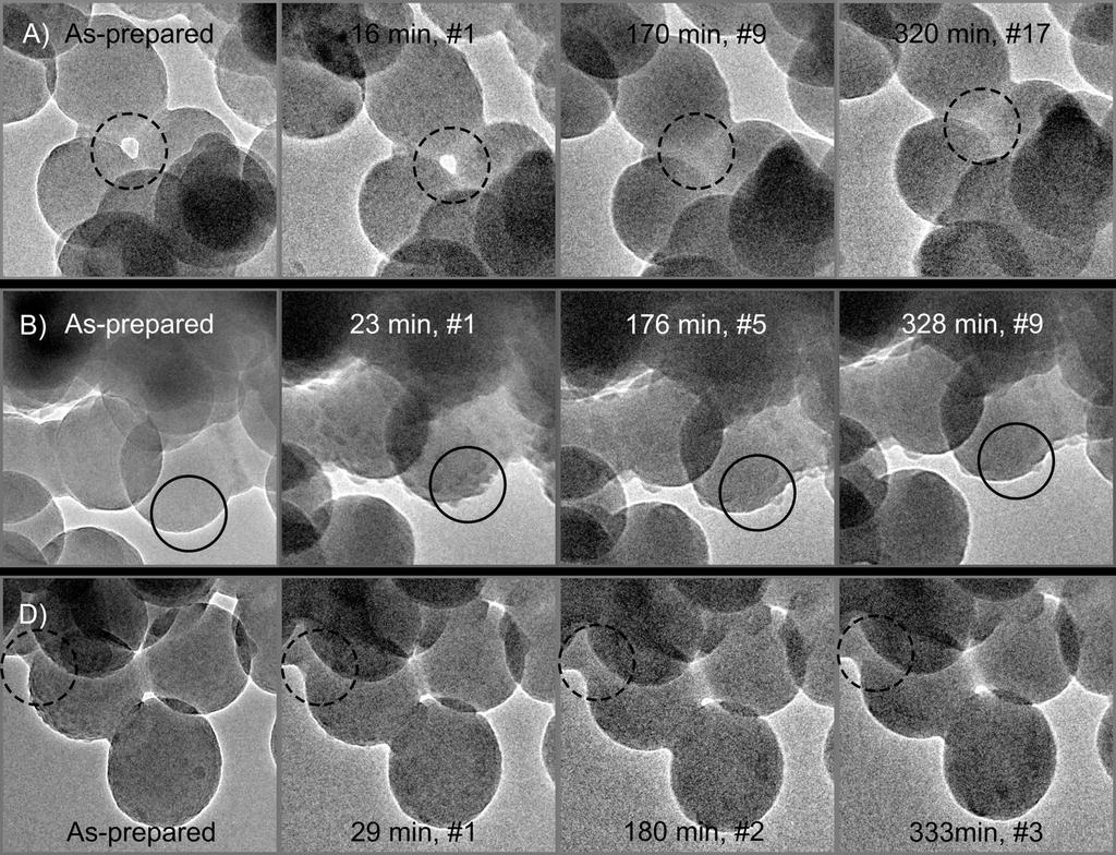 Figure S3. Time-resolved TEM images of three regions of the Cs-free sample under isothermal conditions.